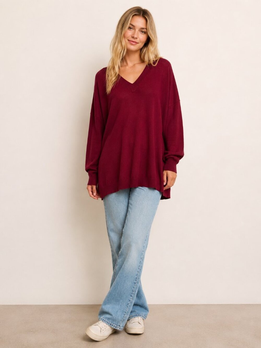 2/$30 Lulus Oversized V-Neck Tunic Pullover Sweater Burgundy XS/ S #A2997